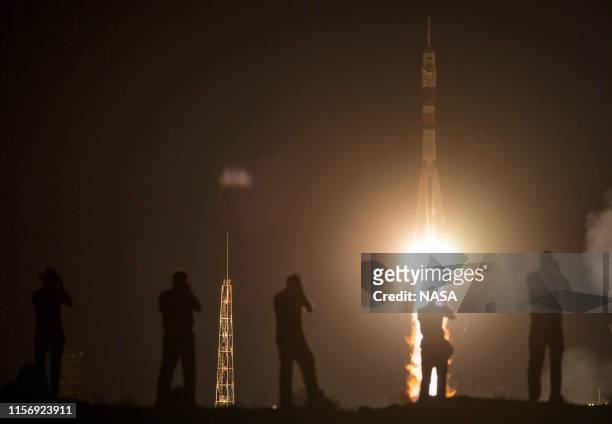 In this NASA handout, The Soyuz MS-13 rocket is launched with Expedition 60 Soyuz Commander Alexander Skvortsov of Roscosmos, flight engineer Drew...