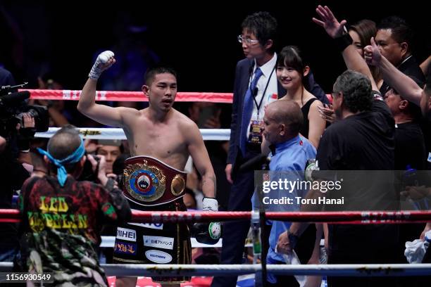 Kazuto Ioka of Japan reacts after defeating Aston Palicte of of the Philippines during their WBO Super Flyweight Title Bout at Makuhari Messe on June...