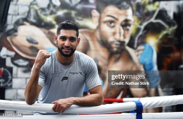 Amir Khan poses for a photographs as he takes part during a training session at Amir Khan Academy on June 19, 2019 in Bolton, England.