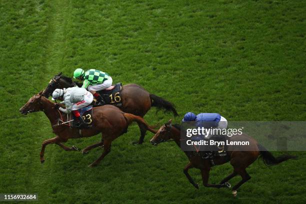 Frankie Dettori riding Raffle Prize crosses the finish line to win The Queen Mary Stakes on day two of Royal Ascot at Ascot Racecourse on June 19,...