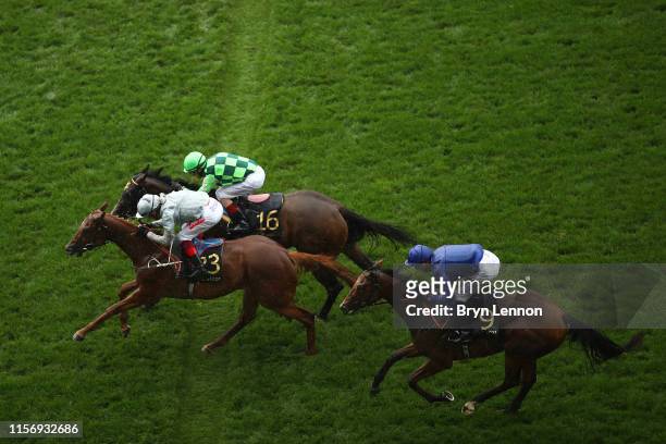 Frankie Dettori riding Raffle Prize crosses the finish line to win The Queen Mary Stakes on day two of Royal Ascot at Ascot Racecourse on June 19,...