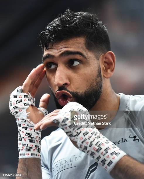 Amir Khan takes part during a training session at Amir Khan Academy on June 19, 2019 in Bolton, England.