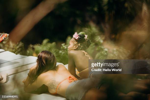 girlfriends sunbathing at poolside seen through foliage - peephole stock pictures, royalty-free photos & images