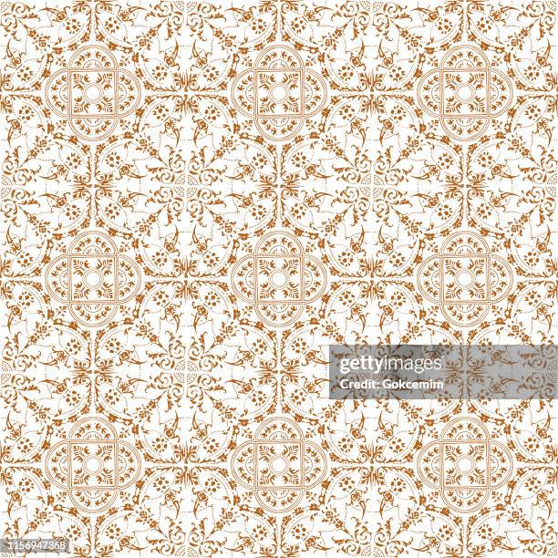 illustrations, cliparts, dessins animés et icônes de tuile bohème brun peint à la main. vector tile pattern, lisbon arabic floral mosaic, mediterranean seamless ornament, geometric folklore ornament. texture tribale de vecteur ethnique. - bobo