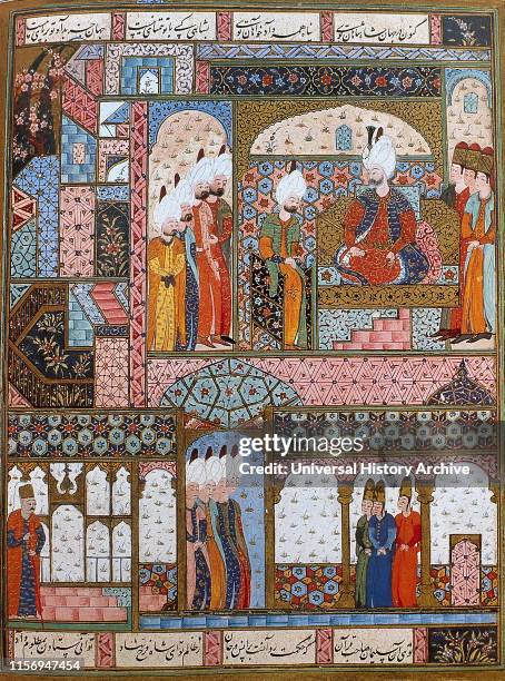 Suleiman the Magnificent . Ottoman sultan. Suleiman legislating in the Topkapi Palace. Miniature of Suleymanname, 16th century. Topkapi Palace...