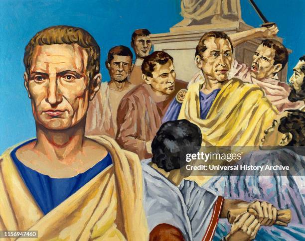 Julius Caesar . Roman politician and General. Murder of Caesar victim of a republican conspiracy. Drawing by Francisco Fonollosa, late 20th century....