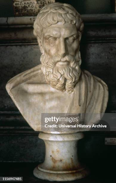 Epicurus . Greek philosopher. Roman bust, copy of a Greek original from the 3rd century BC. Capitoline Museums. Rome, Italy.