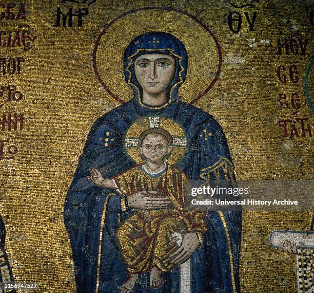 Turkey. Istambul. Hagia Sofia. Byzantine mosaic. Virgin Mother holding the Christ Child. Ca, 1118. 12th century. Detail of the mosaic with emperor...