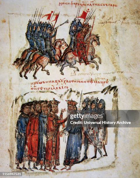 Invasion of Bulgaria by the Emperor Nicephorus I in 811, and his capture by the Bulgarians. Miniature, folio 145r, Chronicle of Constantine Manasses,...