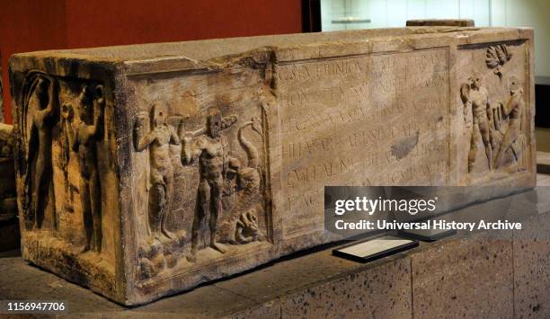 Roman sarcophagus of the veteran Vitalis, with scenes from Greek mythology about Hercules and Theseus. 2nd century AD. Found in Cologne, Germany....