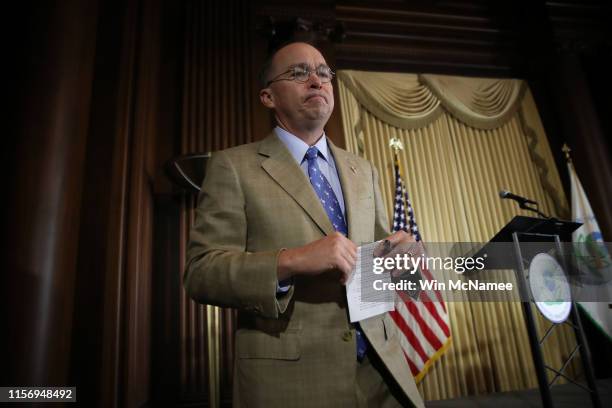 Acting White House Chief of Staff Mick Mulvaney concludes his remarks after Environmental Protection Agency Administrator Scott Wheeler signed the...