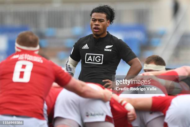 Taufa Funaki of New Zealand U20 reacts during a 5th place Semi Final match against New Zealand U20 as part of World Rugby U20 Championship 2019 at...