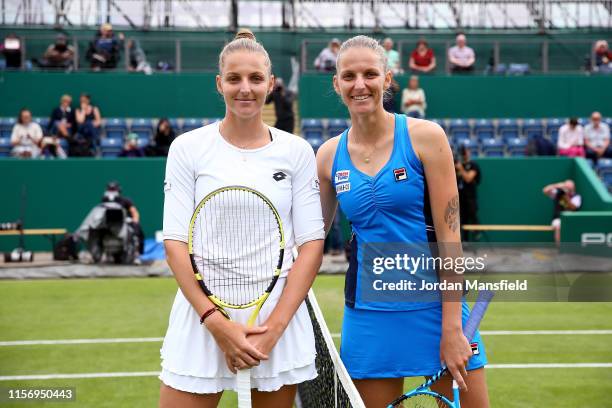 Karolina Pliskova of the Czech Republic and twin sister Kristyna Pliskova of the Czech Republic pose for a photo ahead of their second round match...