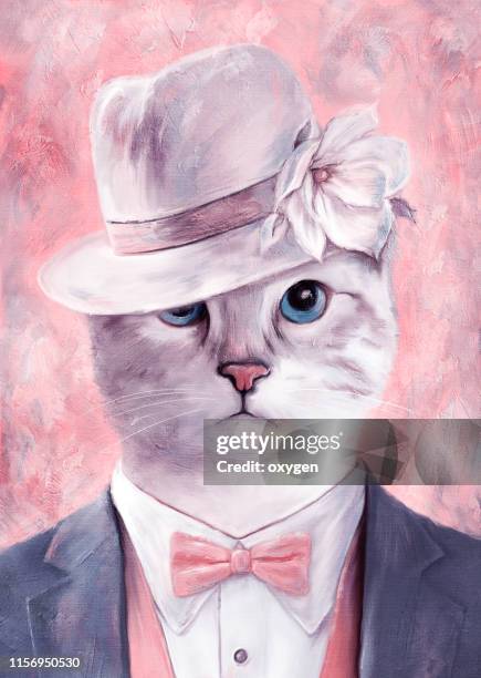 cat man portrait with blue eyes on hat with magnolia flower fine art. digital illustration imitating oil painting on canvas - cat with collar fotografías e imágenes de stock