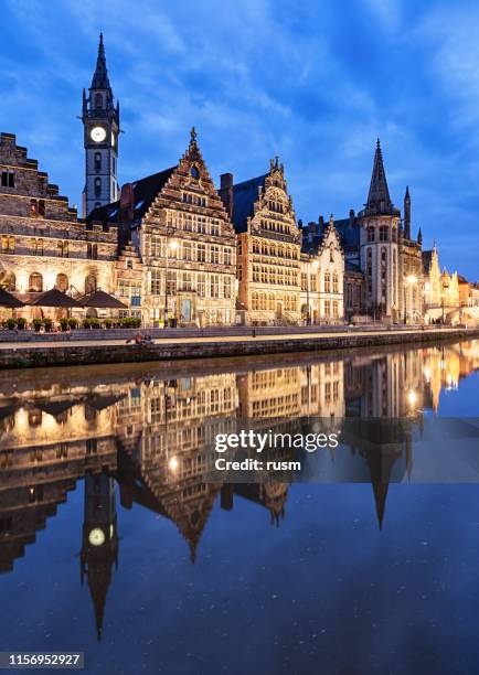 graslei harbour at dusk, ghent, belgium - ghent belgium stock pictures, royalty-free photos & images