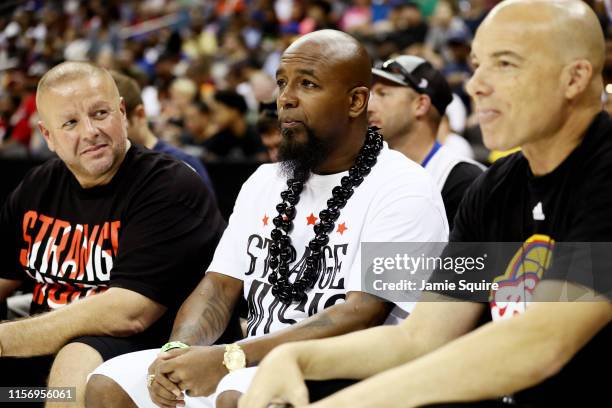 Kansas City Rapper Tech Nine sits courtside at the BIG 3 games at Sprint Center on July 20, 2019 in Kansas City, Missouri.