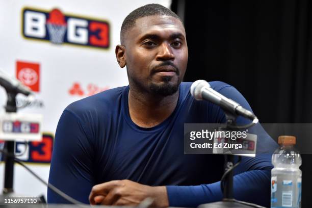 Jason Maxiell of 3s Company answers questions at the post BIG 3 game interview at Sprint Center on July 20, 2019 in Kansas City, Missouri.
