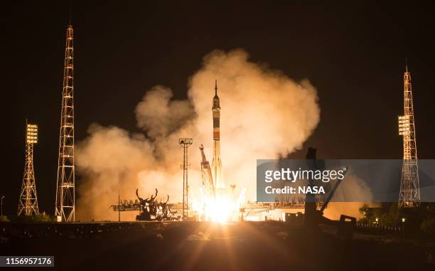 In this NASA handout, The Soyuz MS-13 rocket is launched with Expedition 60 Soyuz Commander Alexander Skvortsov of Roscosmos, flight engineer Drew...