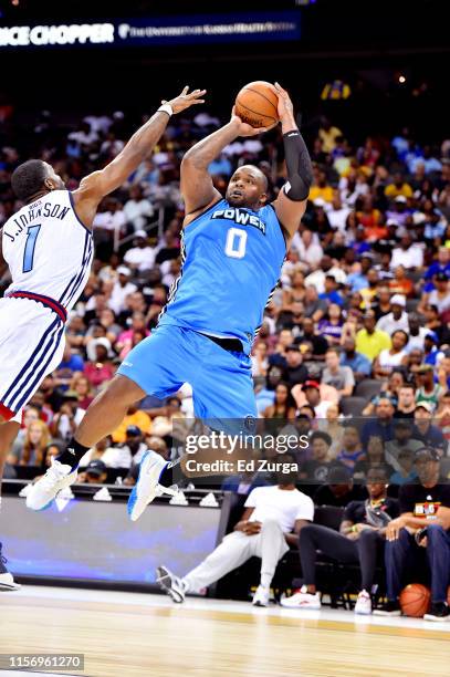 Glen Davis of Power takes a shot during the BIG 3 game against Triplets at Sprint Center on July 20, 2019 in Kansas City, Missouri.