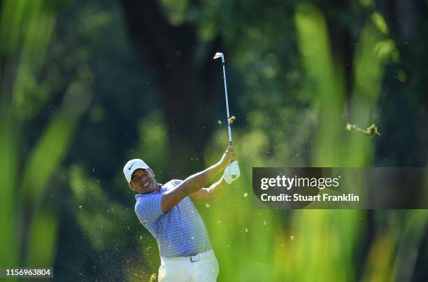 Jhonattan Vegas of Venezuela plays a shot during the pro-am ahead of the BMW International Open at Golfclub Munchen Eichenried on June 19, 2019 in...