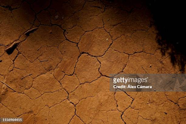 tierra anaranjada y agrietada por la sequía en verano - sequía 個照片及圖片檔