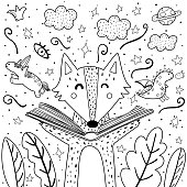 Magic in the books coloring page with cute wolf. Black and white background for adults and children