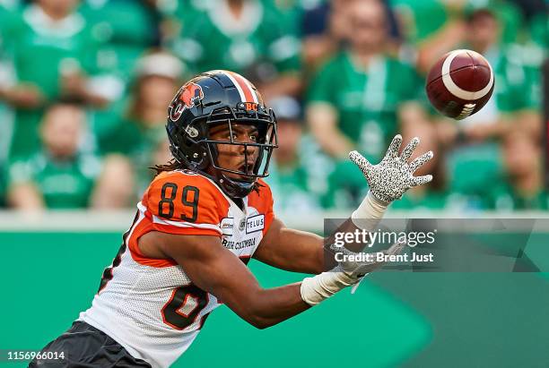 Duron Carter of the BC Lions makes a catch in the game between the BC Lions and Saskatchewan Roughriders at Mosaic Stadium on July 20, 2019 in...