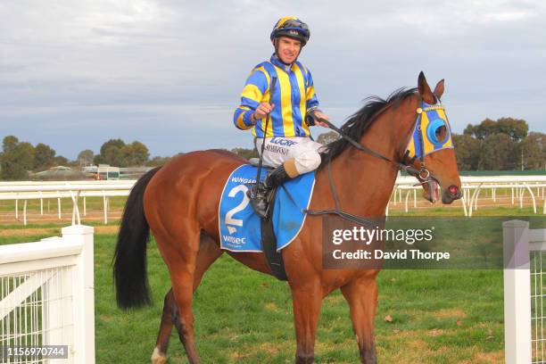 Tyson Returns ridden by Craig Robertson returns to the mounting yard after winning the Sam Miranda King Valley 0 - 58 Handicap on July 21, 2019 in...