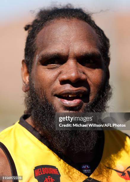 Liam Jurrah is seen during the 2019 AFL round 18 match between the Melbourne Demons and the West Coast Eagles at TIO Traeger Park on July 21, 2019 in...