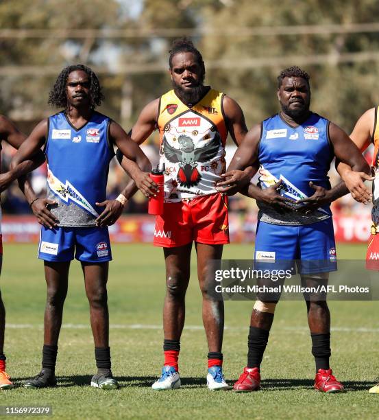 Liam Jurrah is seen during the 2019 AFL round 18 match between the Melbourne Demons and the West Coast Eagles at TIO Traeger Park on July 21, 2019 in...