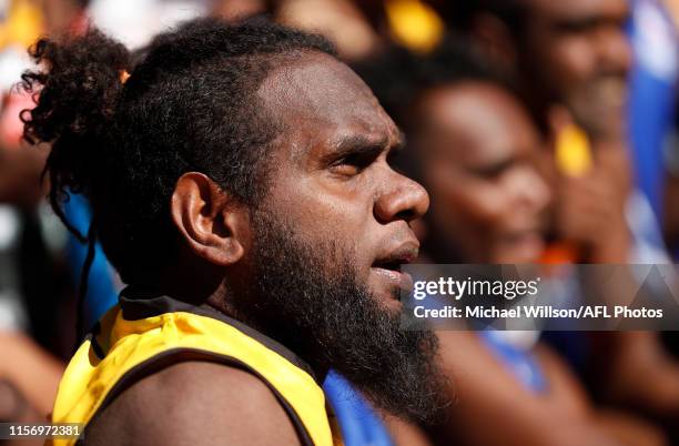 Liam Jurrah is seen during the 2019 AFL round 18 match between the Melbourne Demons and the West Coast Eagles at TIO Traeger Park on July 21, 2019 in...