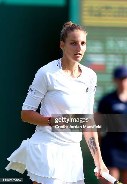 Kristyna Pliskova of the Czech Republic celebrates victory after her second round match against Karolina Pliskova of the Czech Republic during day...