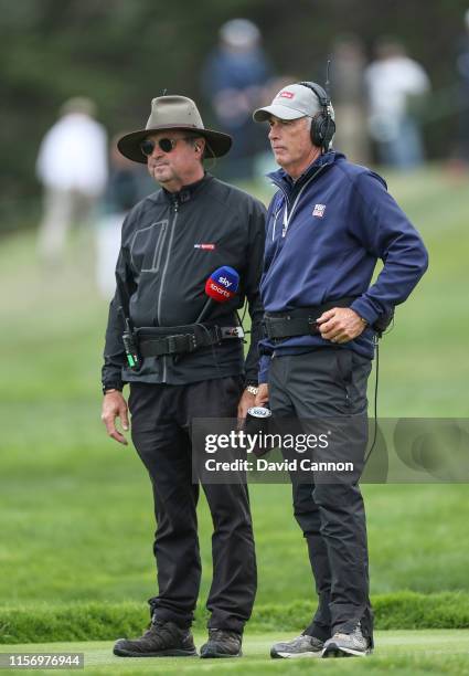 Wayne Riley of Australia working for Sky Television and Curtis Strange of the United States working for Fox Television during the final round of the...