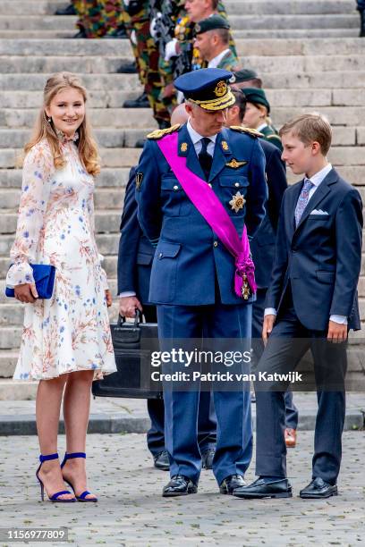 King Philippe of Belgium, Princess Elisabeth and Prince Emmanuel of Belgium attends the National Day Of Belgium 2019 on July 21, 2019 in Brussels,...