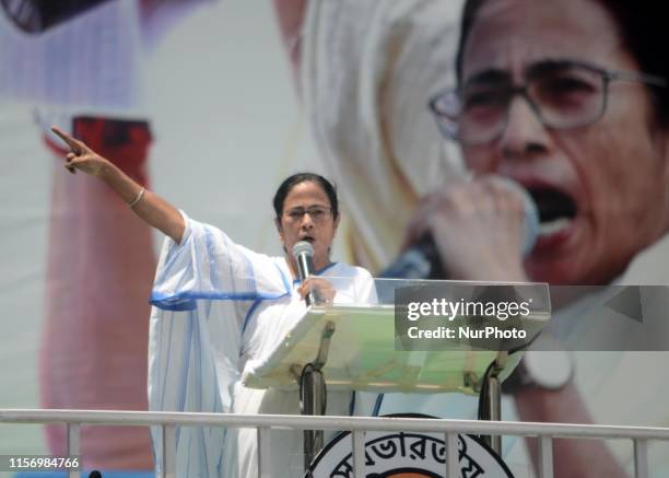 West Bengal Chief minister and TMC Supremo Mamata Banerjee deliver her speech during the mass meeting on the eve of Martyr's Day of Trinamool...