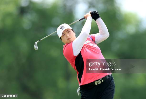 Shanshan Feng of China plays a shot during practice for the 2019 KPMG Women's PGA Championship at Hazeltine National Gof Club on June 19, 2019 in...