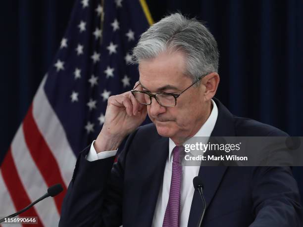 Federal Reserve Board Chairman Jerome Powell speaks during a news conference after the attending the Board’s two-day meeting, on June 19, 2019 in...