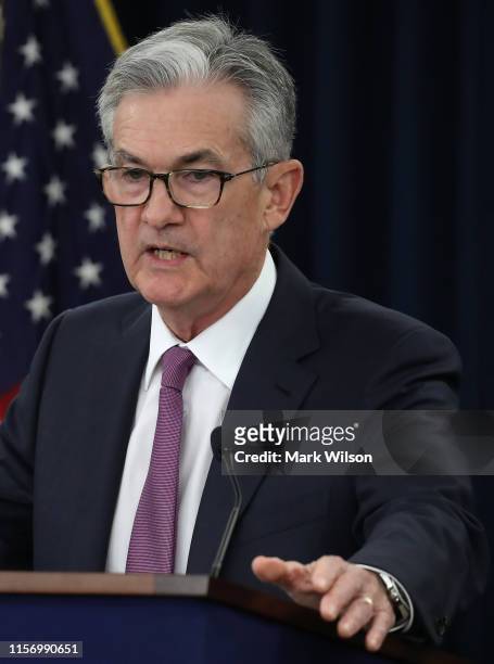 Federal Reserve Board Chairman Jerome Powell speaks during a news conference after the attending the Board’s two-day meeting, on June 19, 2019 in...