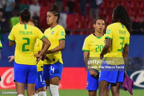 Poliana, Tayla, Raquel Fernandes and Daiane of Brazil look disappointed at the end of the 2019 FIFA Women's World Cup France group C match between...