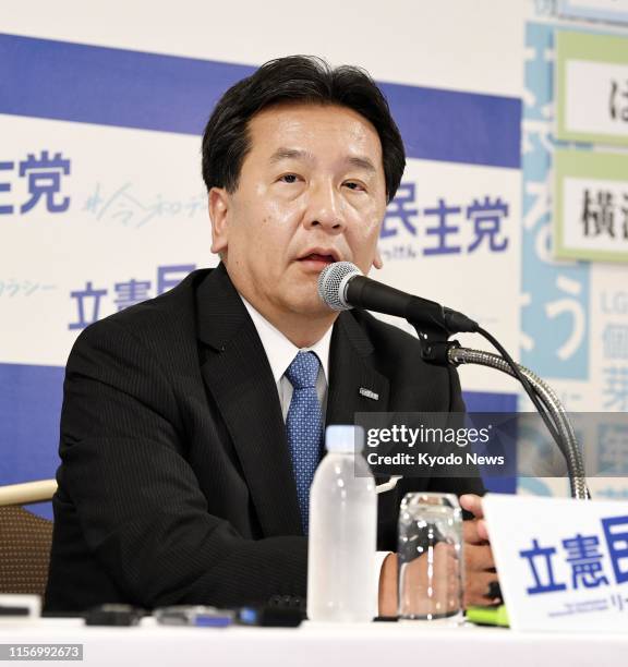 Yukio Edano, leader of the Constitutional Democratic Party of Japan, holds a press conference at the party's election operations center in Tokyo...