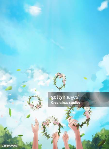 stockillustraties, clipart, cartoons en iconen met zweedse midzomer kransen in de lucht - cheerful