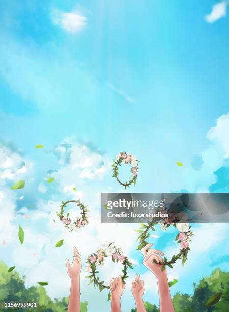 swedish midsummer wreaths in the air - cheerful stock illustrations