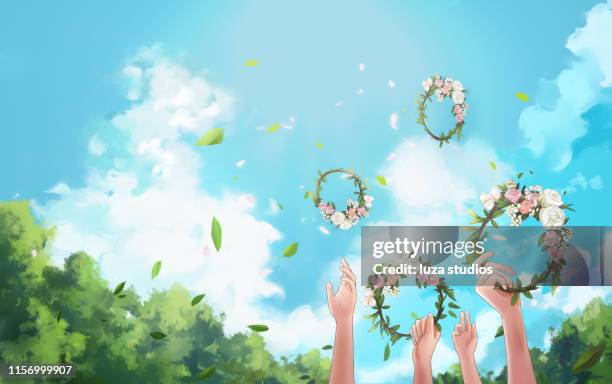 stockillustraties, clipart, cartoons en iconen met zweedse midzomer kransen in de lucht - cheerful