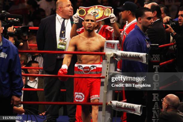 June 13: Miguel Cotto enters the ring for his bout with Joshua Clottey which he won by Split Decision in their WBO Welterweight Championship fight at...
