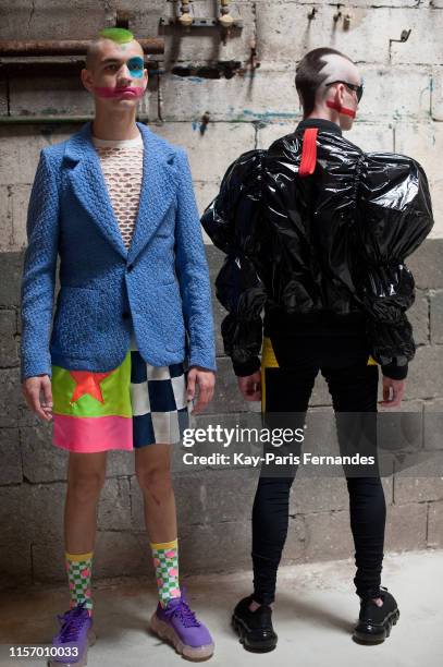 Models pose backstage prior the Walter Van Beirendonck Menswear Spring Summer 2020 show as part of Paris Fashion Week on June 19, 2019 in Paris,...