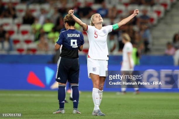 Steph Houghton of England celebrates victory after the 2019 FIFA Women's World Cup France group D match between Japan and England at Stade de Nice on...