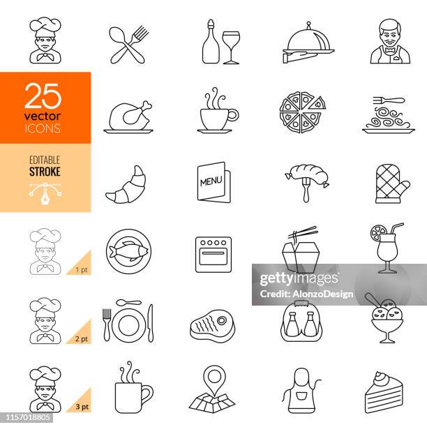 restaurant-symbol-set. bearbeitbarer strich. - teller icon stock-grafiken, -clipart, -cartoons und -symbole