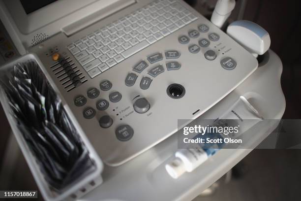 An ultrasound machine sits next to an exam table in an examination room at Whole Woman's Health of South Bend on June 19, 2019 in South Bend,...