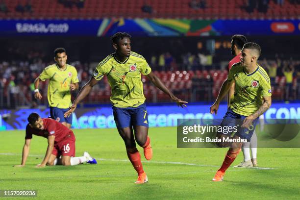 Duvan Zapata of Colombia celebrates after scoring the opening goal during the Copa America Brazil 2019 group B match between Colombia and Qatar at...