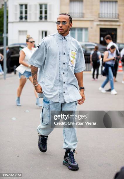 Lewis Hamilton is seen outside Acne during Paris Fashion Week - Menswear Spring/Summer 2020 on June 19, 2019 in Paris, France.